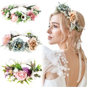 3 pcs flower crown adjustable flower headband boho floral crown floral headpiece for women garland hair wreath with ribbon wedding party accessories for girls renaissance festival photos, 3 styles