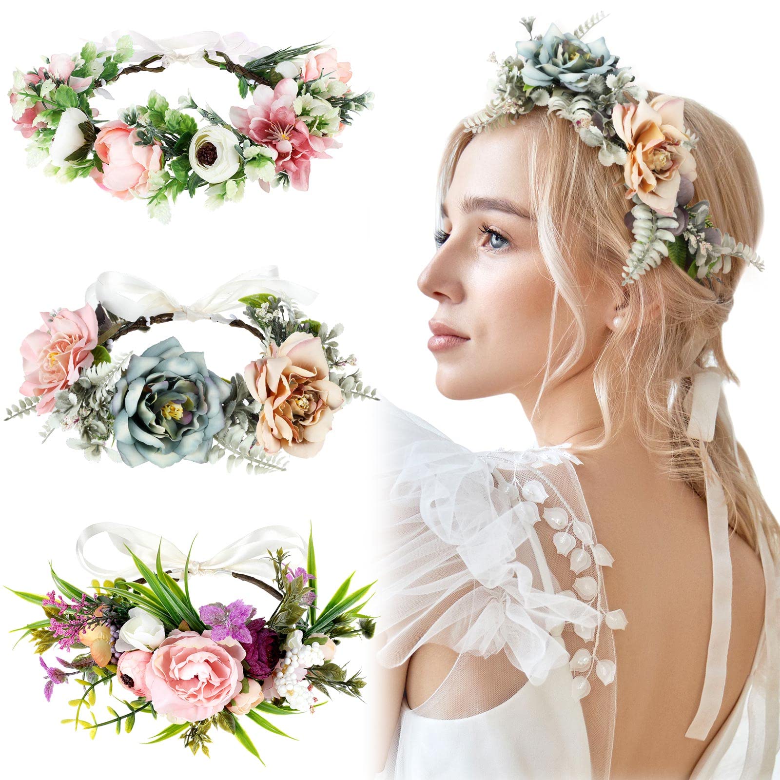 3 Pcs Flower Crown Adjustable Flower Headband Boho Floral Crown Floral Headpiece for Women Garland Hair Wreath with Ribbon Wedding Party Accessories for Girls Renaissance Festival Photos, 3 Styles