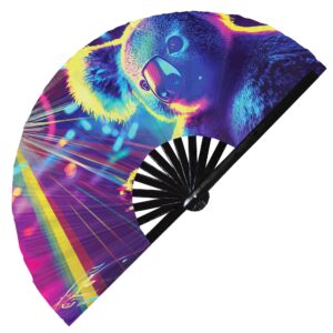 koala neon hand fan foldable bamboo circuit rave hand fans koala bear rainbow galaxy party gear gifts music festival rave accessories (style 4)