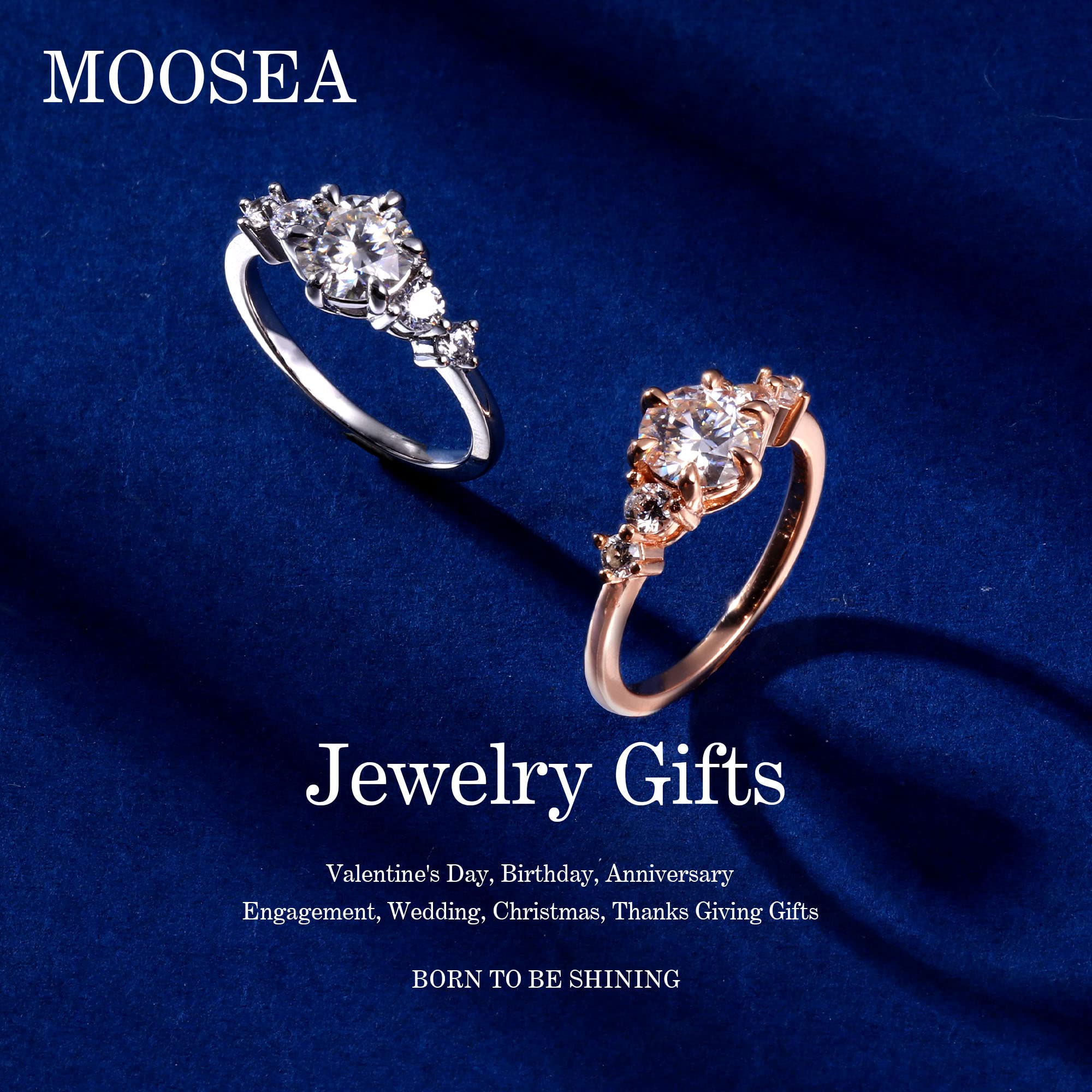 MOOSEA Round 5 Stone Moissanite Anniversary Rings for Women, 1.2CT D Color VVS1 Clarity Lab Created Diamond Ring 14K Rose Gold Vermeil Moissanite Engagement Rings for Women Promise Rings