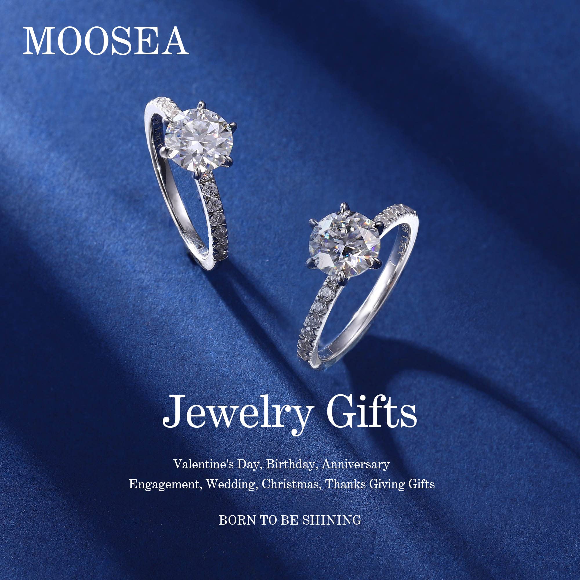 MOOSEA 1.5ct Round Cut Moissanite Solitaire Ring for Women, D Color VVS1 Clarity Simulated Diamond Rings 14K White Gold Vermeil Solid Moissanite Anniversary Ring for Women Jewelry Gifts