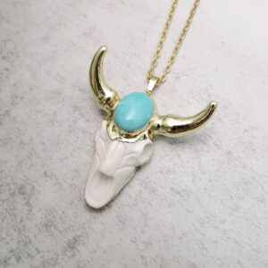 Ladywowu Bull Skull Necklace Gold, Faceted Polished Amazonite Necklace, Bohemian Bull Necklace for Women Western, Unisex Punk Retro Skull Jewelry for Men