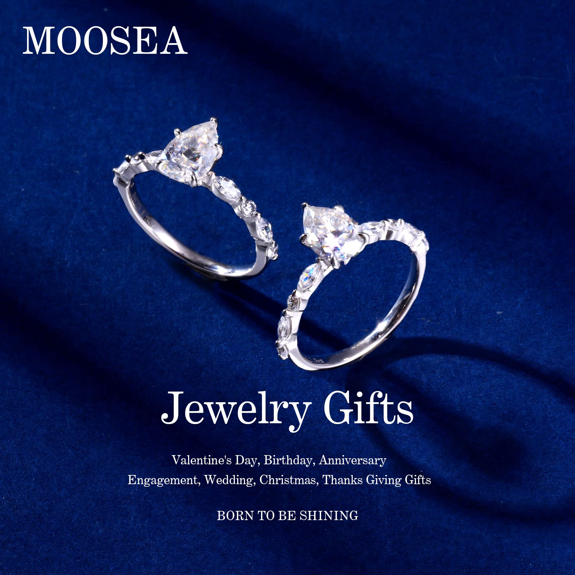 MOOSEA Pear Cut Marseille Moissanite Engagement Rings for Women, 1.5CT D Color VVS1 Clarity Lab Created Diamond Rings 14K White Gold Vermeil Moissanite Anniversary Rings for Her Gifts