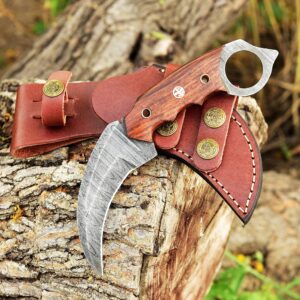 Handmade Hunting Damascus steel Hunting Knife with Genuine Leather Sheath | 7.5'’ EDC Knife for Men | Fixed Blade Outdoor Knife with Rose Wood Handle | Full Tang Razor Sharp Blade