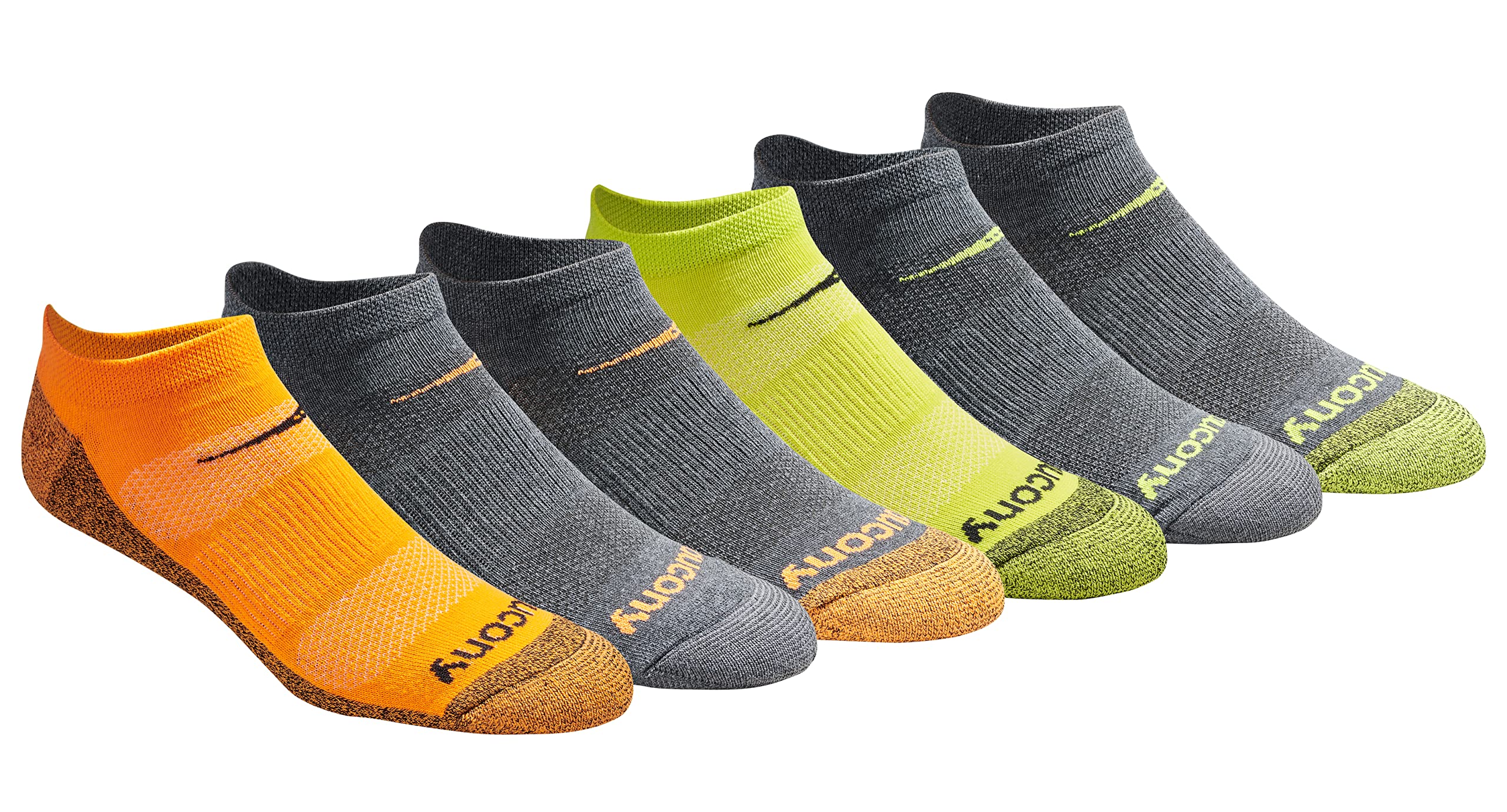 Saucony Men's RunDry Mesh Ventilating Comfort Fit Performance No-Show Socks, Available in M-XXL (6, 12, 18, Yellow Orange Charcoal Assortment (6 Pairs), X-Large