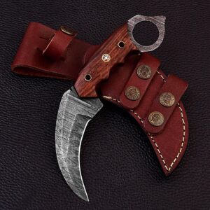 handmade hunting damascus steel hunting knife with genuine leather sheath | 7.5'’ edc knife for men | fixed blade outdoor knife with rose wood handle | full tang razor sharp blade