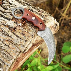 Handmade Hunting Damascus steel Hunting Knife with Genuine Leather Sheath | 7.5'’ EDC Knife for Men | Fixed Blade Outdoor Knife with Rose Wood Handle | Full Tang Razor Sharp Blade