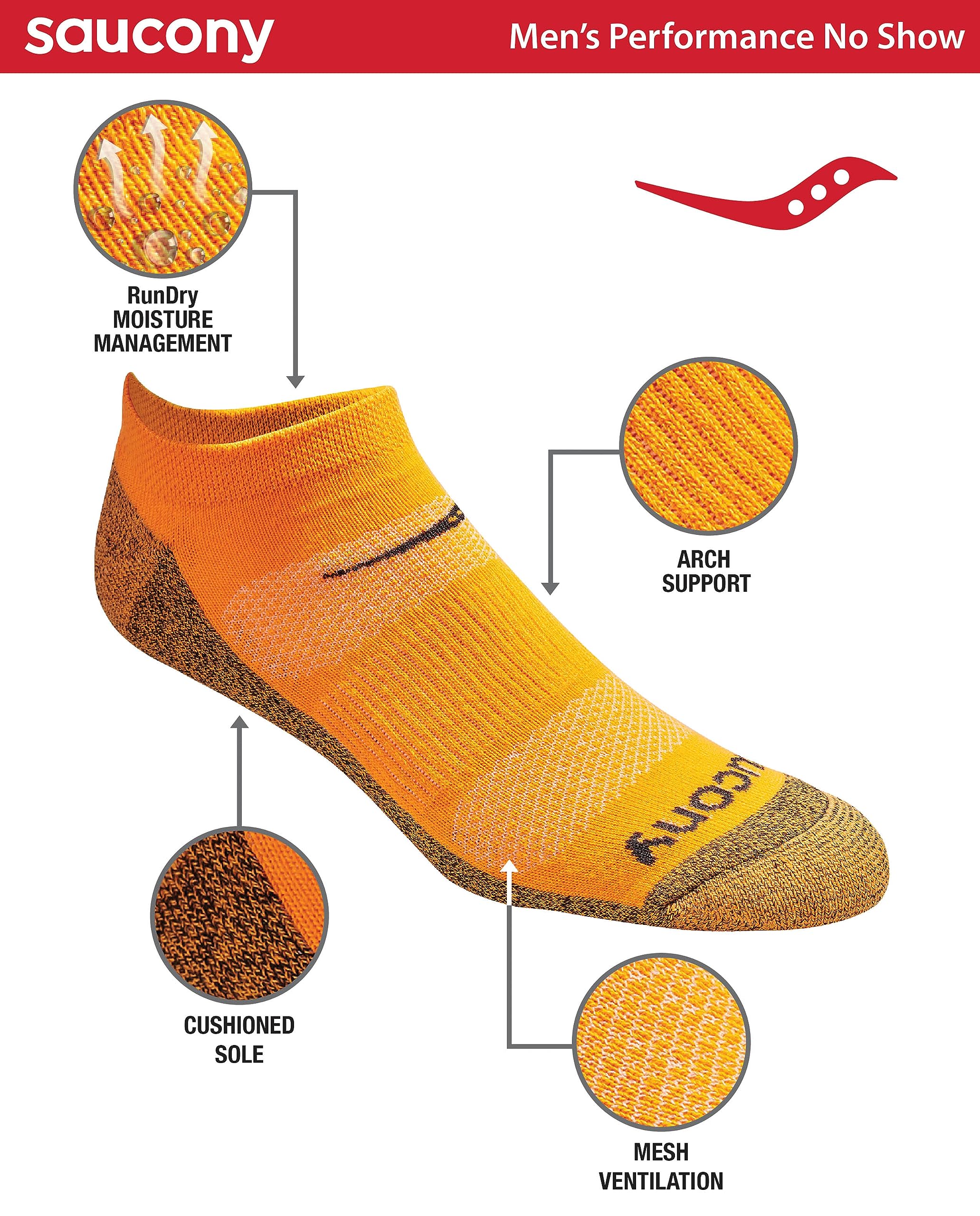 Saucony Men's RunDry Mesh Ventilating Comfort Fit Performance No-Show Socks, Available in M-XXL (6, 12, 18, Yellow Orange Charcoal Assortment (6 Pairs), X-Large