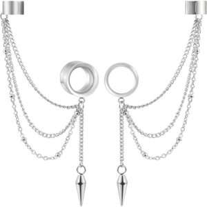 earblity 2pcs 6mm-25mm (2g-1") trendy cuff clip triple chain dangle ear plugs gauges screw ear tunnels for women men hypoallergenic 316 stainless steel ear body piercing jewelry