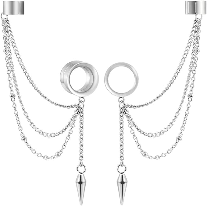 Earblity 2PCS 6mm-25mm (2G-1") Trendy Cuff Clip Triple Chain Dangle Ear Plugs Gauges Screw Ear Tunnels for Women Men Hypoallergenic 316 Stainless Steel Ear Body Piercing Jewelry