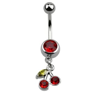 pierced owl 14ga 316l stainless steel cz crystal red cherries dangling belly button ring