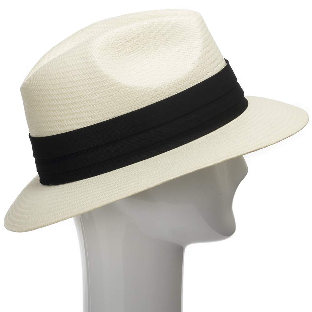 ULTRAFINO Monte Cristo Classic Fedora Straw Panama Hat Sun Wide Brim Lightweight Beach UPF50+ Men or Women Ivory with Black Hatband 7 5/8