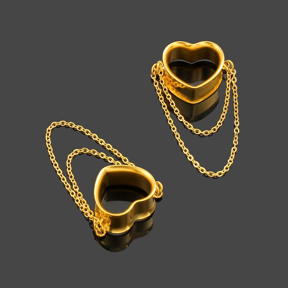 Earblity 2PCS Women Dangle Earrings 10mm/00g Gold Heart Double Chain Earrings Ear Tunnels hangers for stretched,Hypoallergenic Body Piercing Jewelry