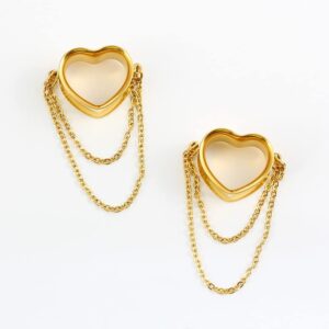 Earblity 2PCS Women Dangle Earrings 10mm/00g Gold Heart Double Chain Earrings Ear Tunnels hangers for stretched,Hypoallergenic Body Piercing Jewelry