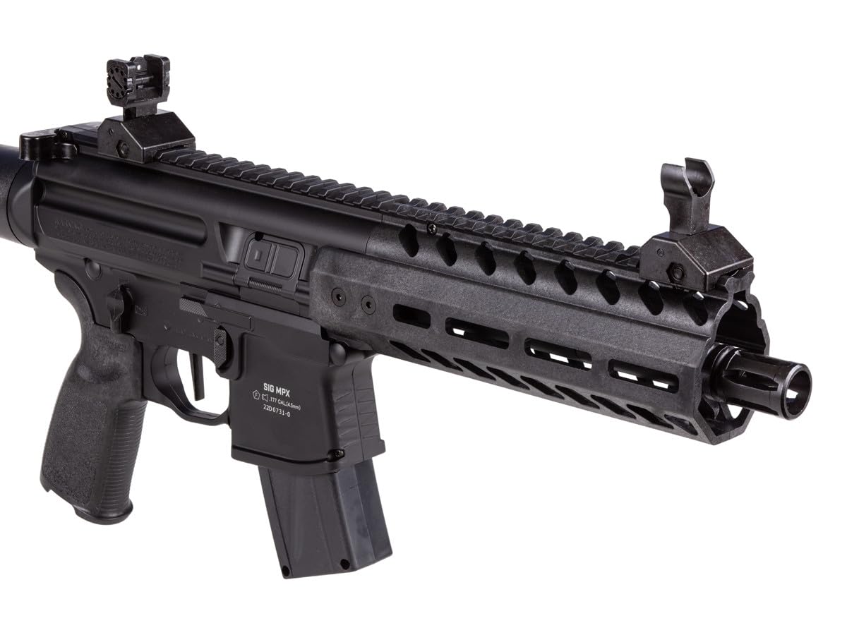 SIG SAUER MPX Gen II CO2-Powered Semi-Automatic .177 Caliber Pellet Air Rifle with Flip-Up Adjustable Sights - 30rd Rapid Pellet Magazine Included