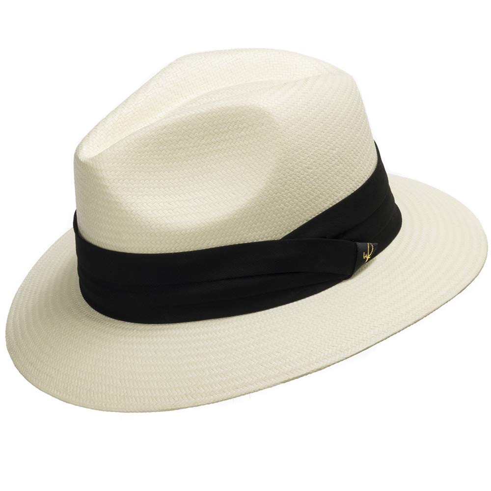 ULTRAFINO Monte Cristo Classic Fedora Straw Panama Hat Sun Wide Brim Lightweight Beach UPF50+ Men or Women Ivory with Black Hatband 7 5/8