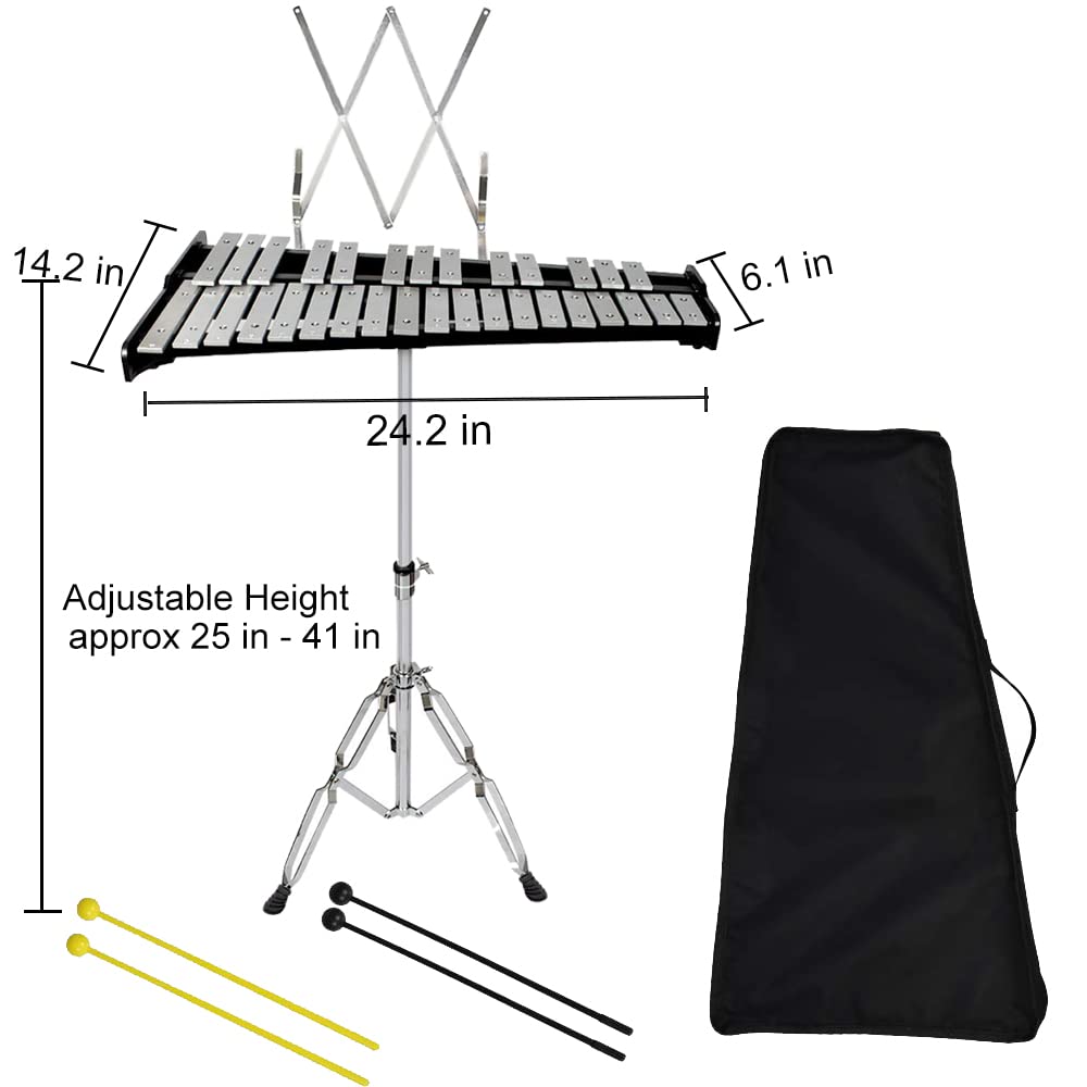 ENNBOM 32 Note Black Glockenspiel with Music Sheet Clip Xylophone Instrument Set Equipped with Adjustiable Height Frame（32 Note, Black）