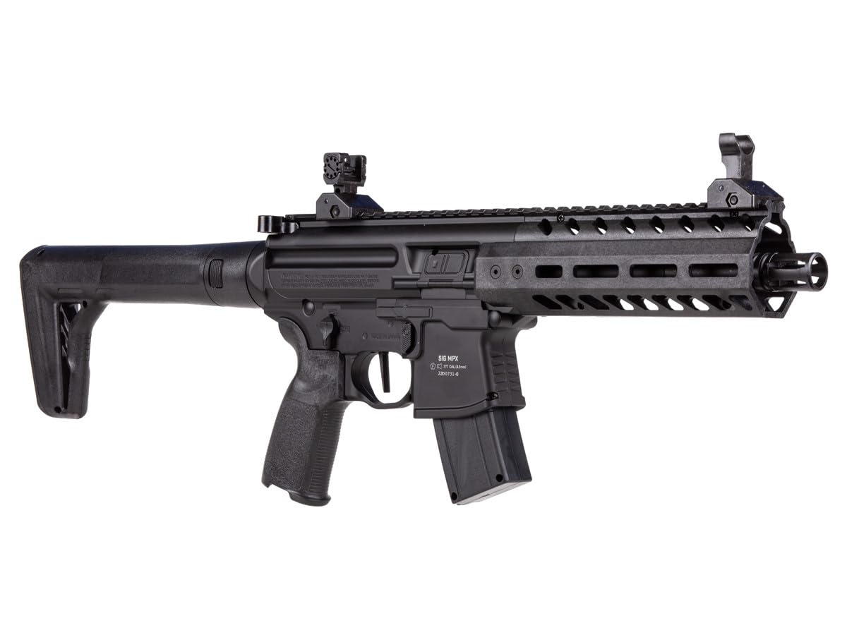 SIG SAUER MPX Gen II CO2-Powered Semi-Automatic .177 Caliber Pellet Air Rifle with Flip-Up Adjustable Sights - 30rd Rapid Pellet Magazine Included