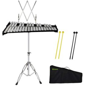 ennbom 32 note black glockenspiel with music sheet clip xylophone instrument set equipped with adjustiable height frame（32 note, black）