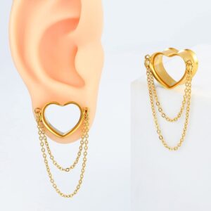 Earblity 2PCS Women Dangle Earrings 10mm/00g Gold Heart Double Chain Earrings Ear Tunnels hangers for stretched,Hypoallergenic Body Piercing Jewelry