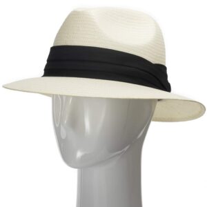 ULTRAFINO Monte Cristo Classic Fedora Straw Panama Hat Sun Wide Brim Lightweight Beach UPF50+ Men or Women Ivory with Black Hatband 7 5/8