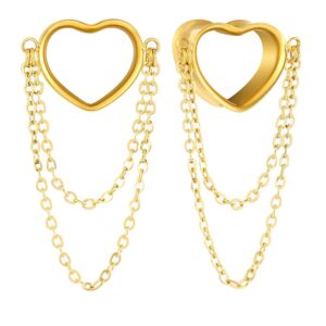 earblity 2pcs women dangle earrings 10mm/00g gold heart double chain earrings ear tunnels hangers for stretched,hypoallergenic body piercing jewelry