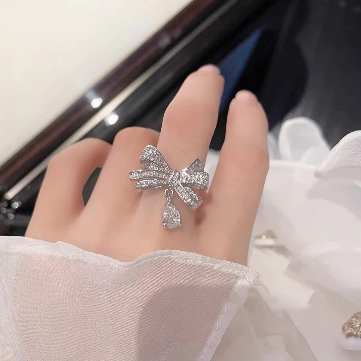 CZ Dangle Teardrop Engagement Promise Ring for Women Rhinestone Crystal Bow Knot Open Statement Rings Wedding Band Adjustable Finger Bands Dainty Jewelry Gifts