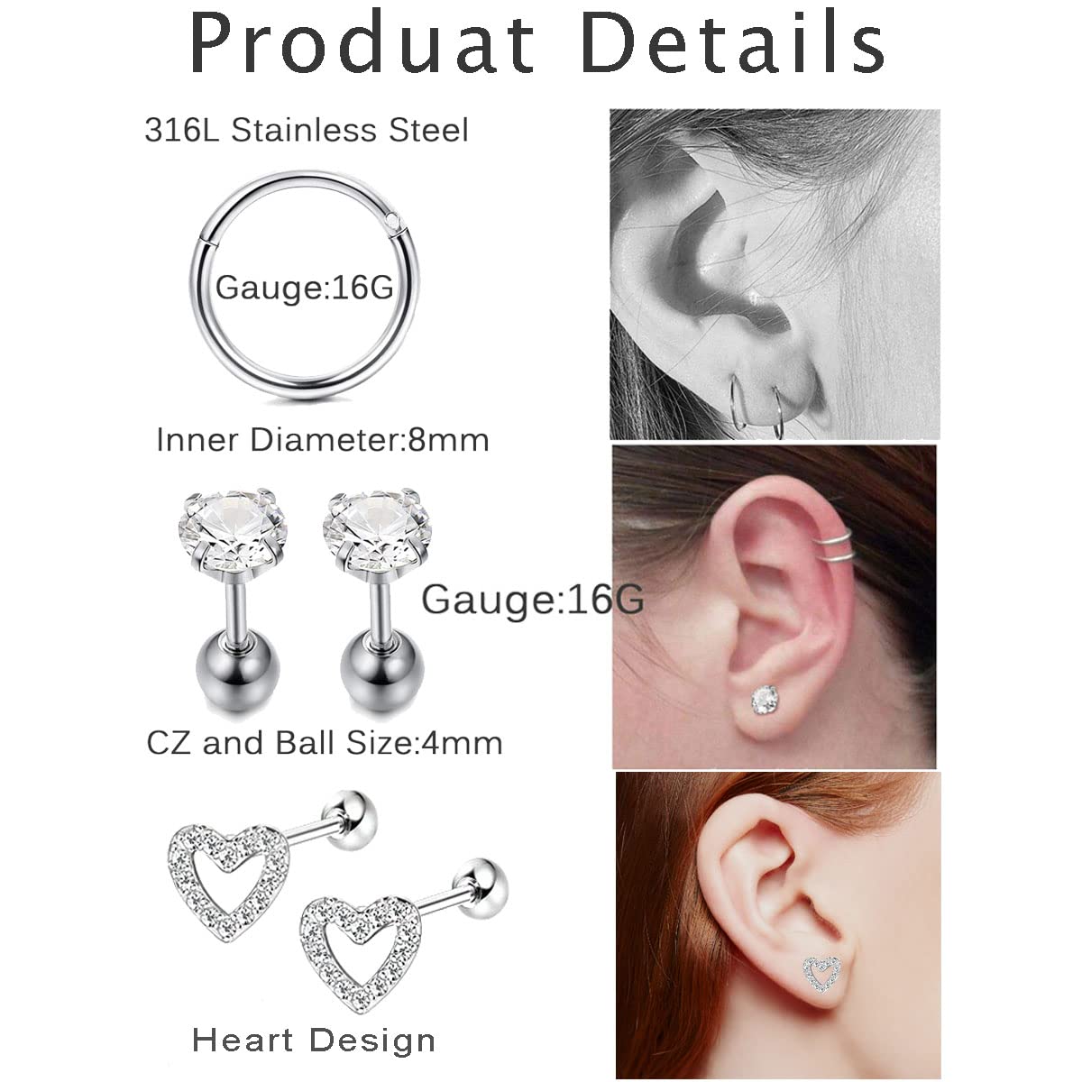 Palotay 16G Cartilage Earrings Stud Stainless Steel Earrings Helix Tragus Earrings Cartilage Hoop Earrings CZ Heart Butterfly Flower Hypoallergenic Cartilage Earrings Helix Tragus Conch Piercing