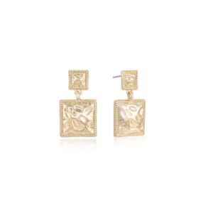 ettika gold earrings. earrings for women, 18k gold plated textured repeated squares drop earrings. jewelry