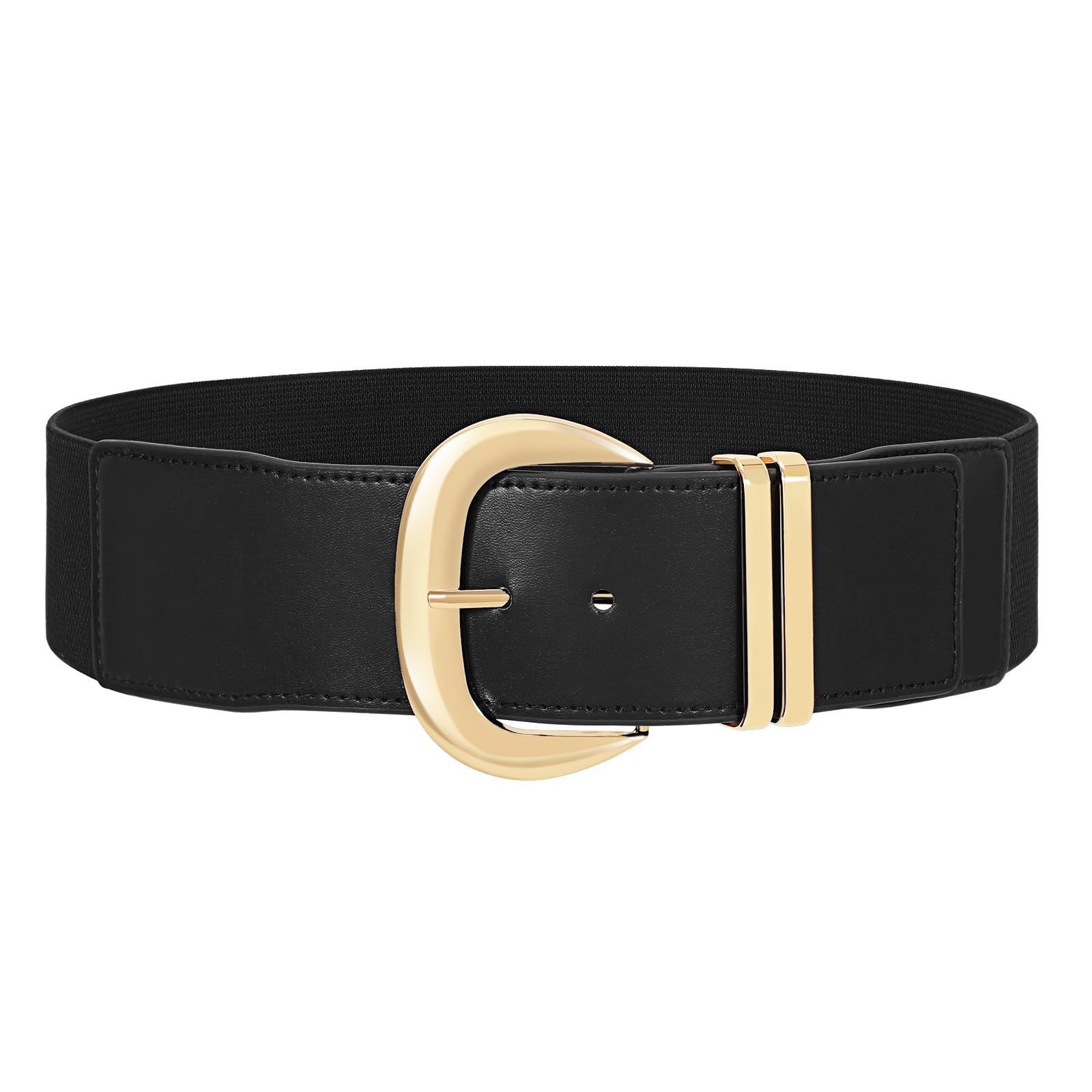 WHIPPY Women Wide Elastic Waist Belt for Dresses Fashion Gold Buckle Stretchy Leather Waistband for Ladies, Black, Fits Waist 28"-33"