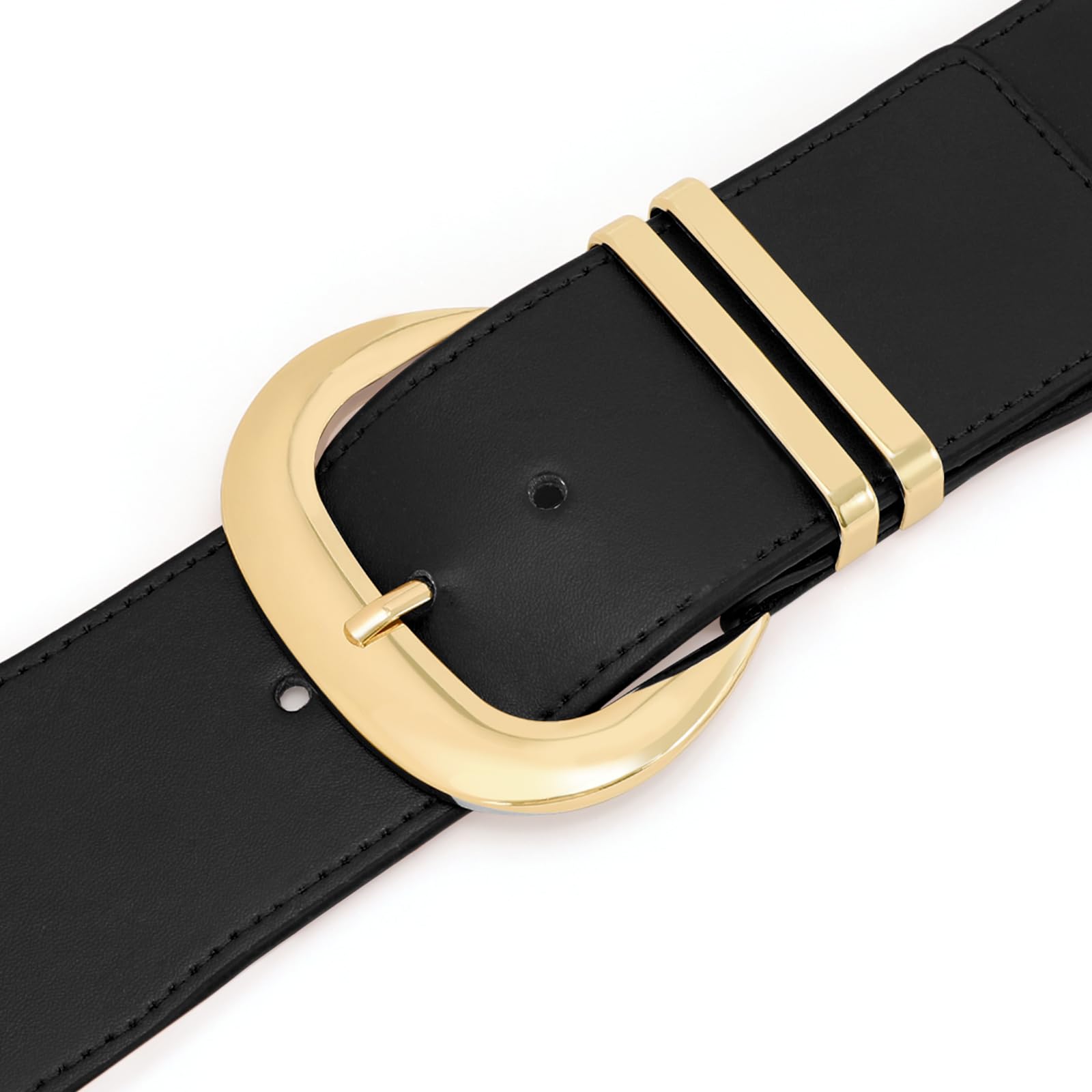 WHIPPY Women Wide Elastic Waist Belt for Dresses Fashion Gold Buckle Stretchy Leather Waistband for Ladies, Black, Fits Waist 28"-33"