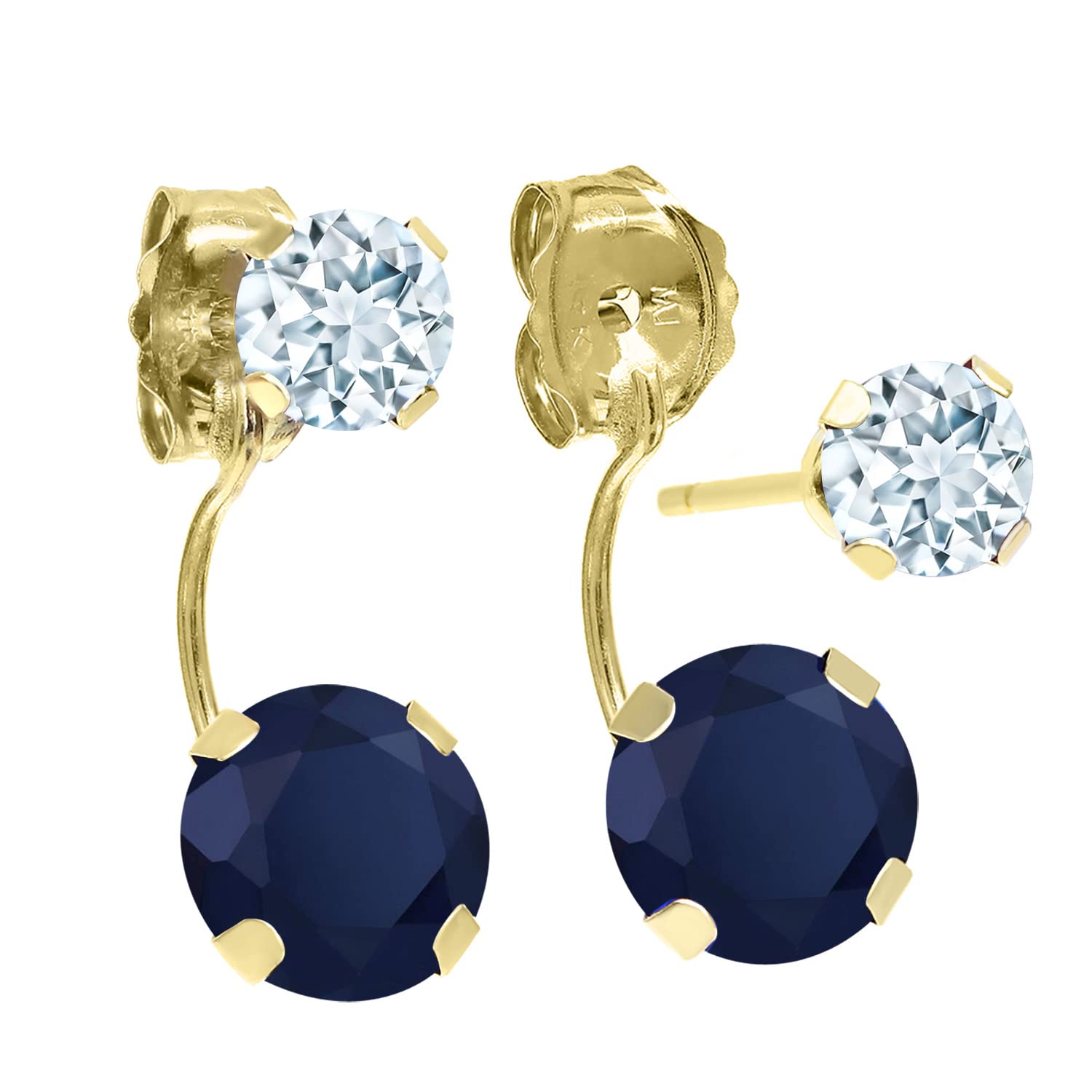 Gem Stone King 2.70 Ct Round Blue Sapphire Sky Blue Aquamarine 14K Yellow Gold Earrings