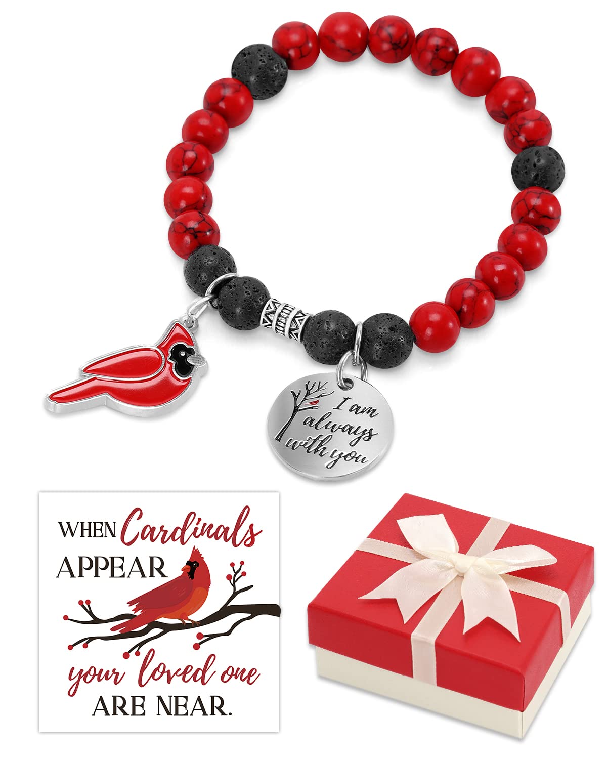 Cardinal Beaded Bracelet Memorial Gift Set with When Cardinals Appear Your Loved One Are Near Card Red Bird Charm Christmas Sympathy Jewelry Bereavement Meaningful Christmas Stocking Stuffer Present