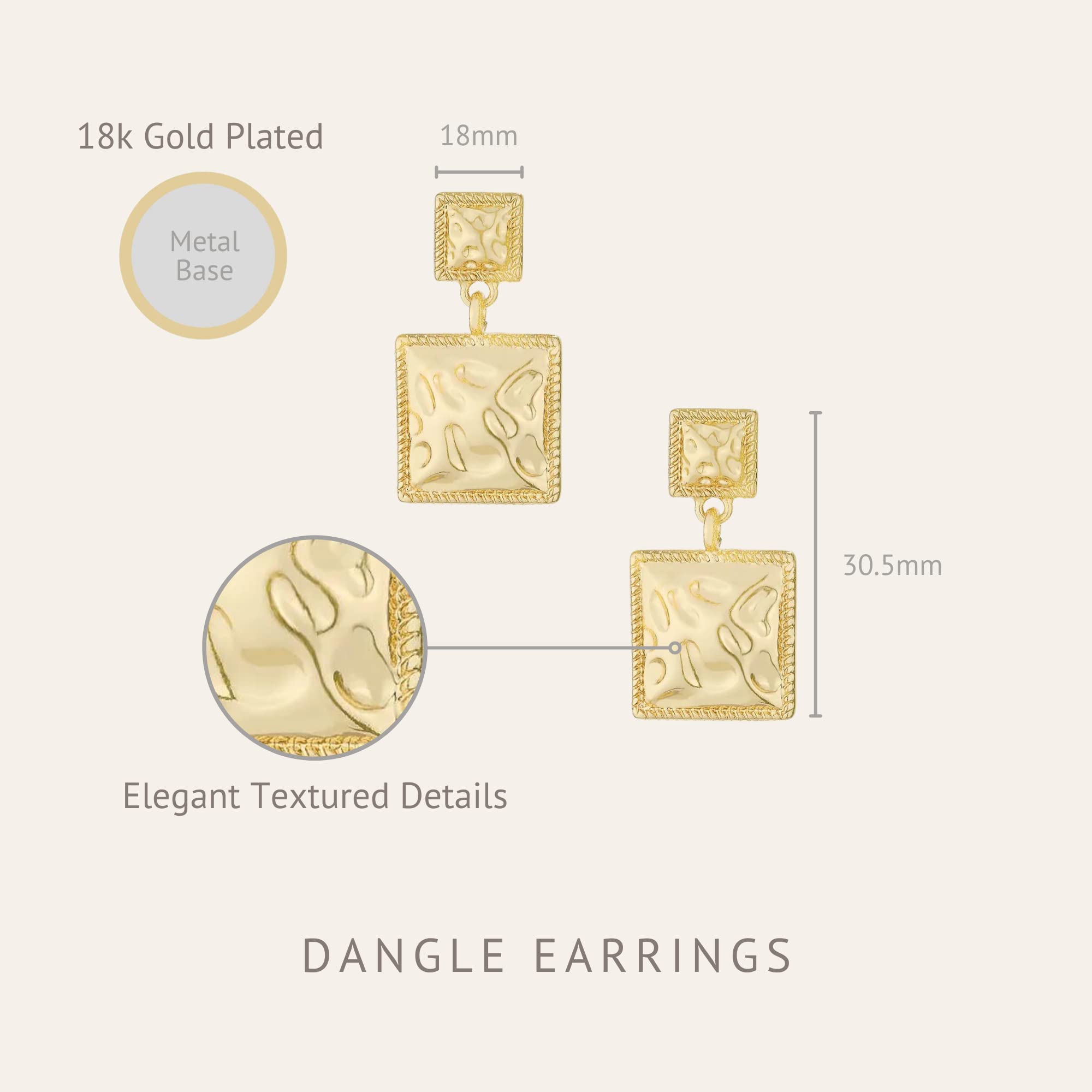 Ettika Gold Earrings. Earrings For Women, 18k Gold Plated Textured Repeated Squares Drop Earrings. Jewelry