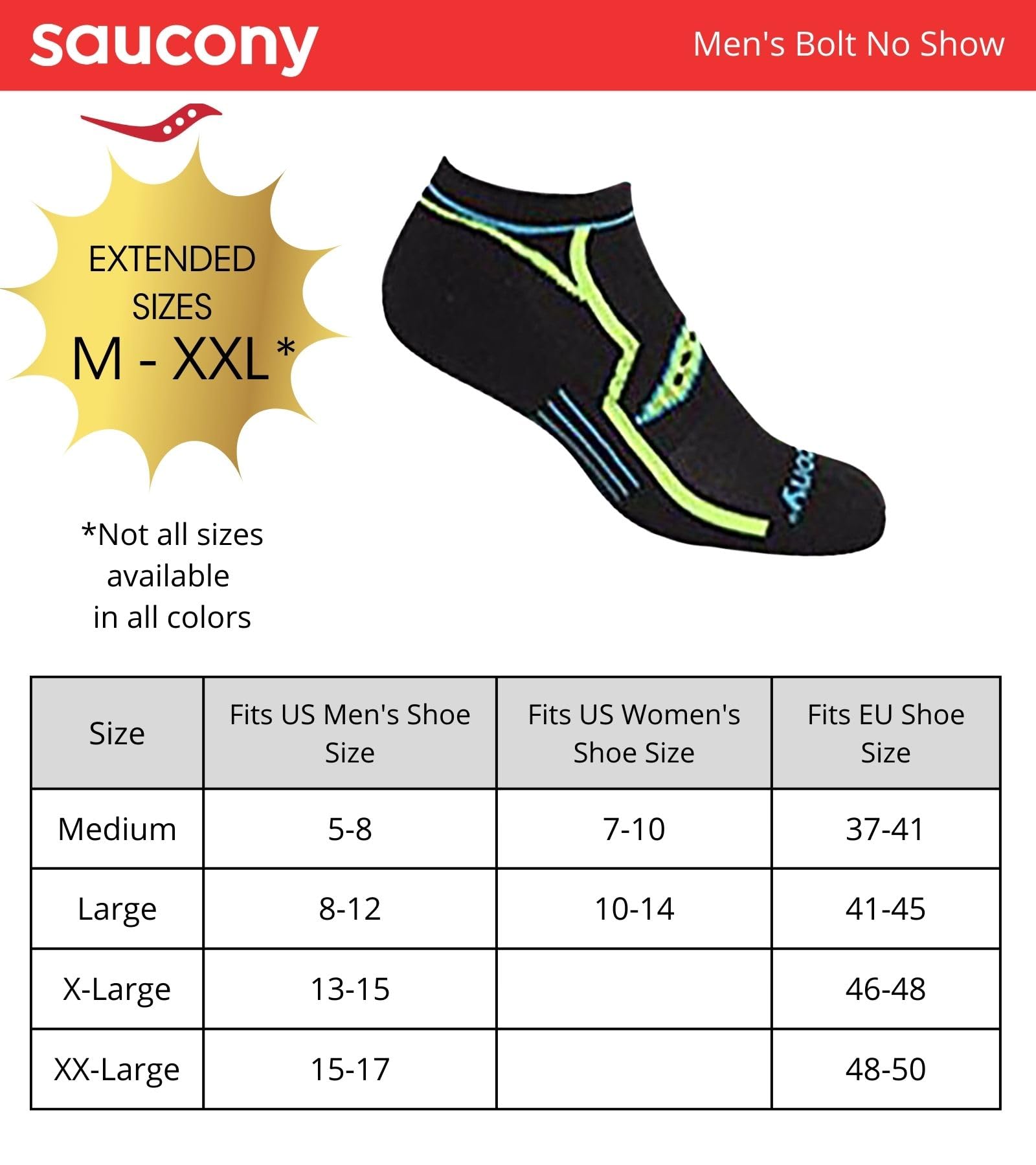 Saucony Men's Rundry Bolt Performance No-Show Socks, Available in M-XXL (6, 12, 18, Black Assorted (6 Pairs), XX-Large