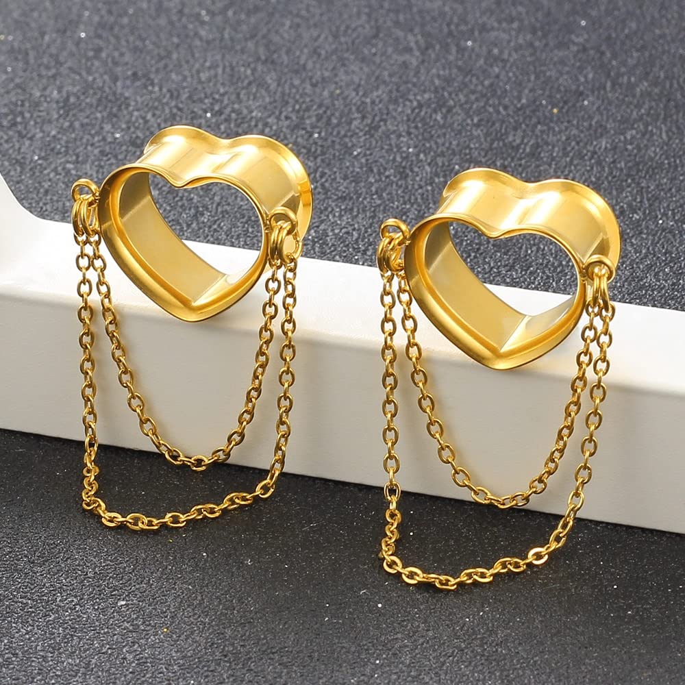 Earblity 2PCS Women Dangle Earrings 10mm/00g Gold Heart Double Chain Earrings Ear Tunnels hangers for stretched,Hypoallergenic Body Piercing Jewelry