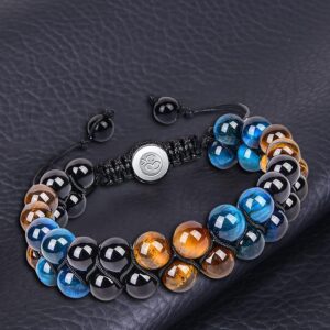 REAPP Triple Protection Bracelet-Natural Tiger Eye Yellow Blue Obsidian Beads Bracelet for Men, 8mm Crystal and Healing Stone Bracelet for Women