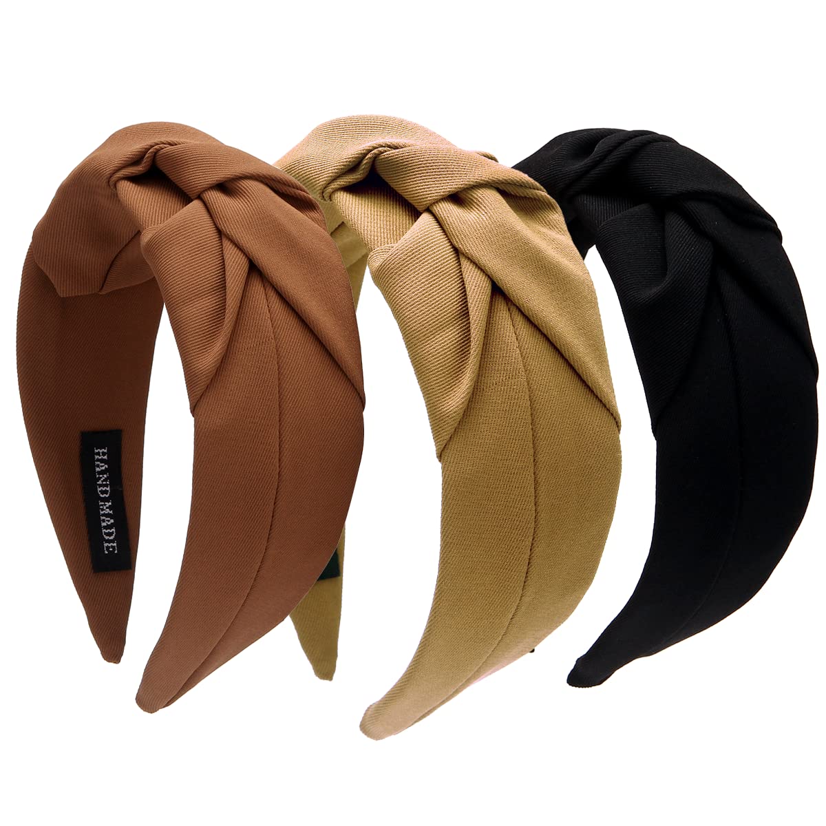 3PCS Wide Knotted Headbands Pure Color Knot Headband, Cloth Art Headband，Yoga Hair Band Elastic Hair Accessories for Women and Girls (Black+beige+brown)