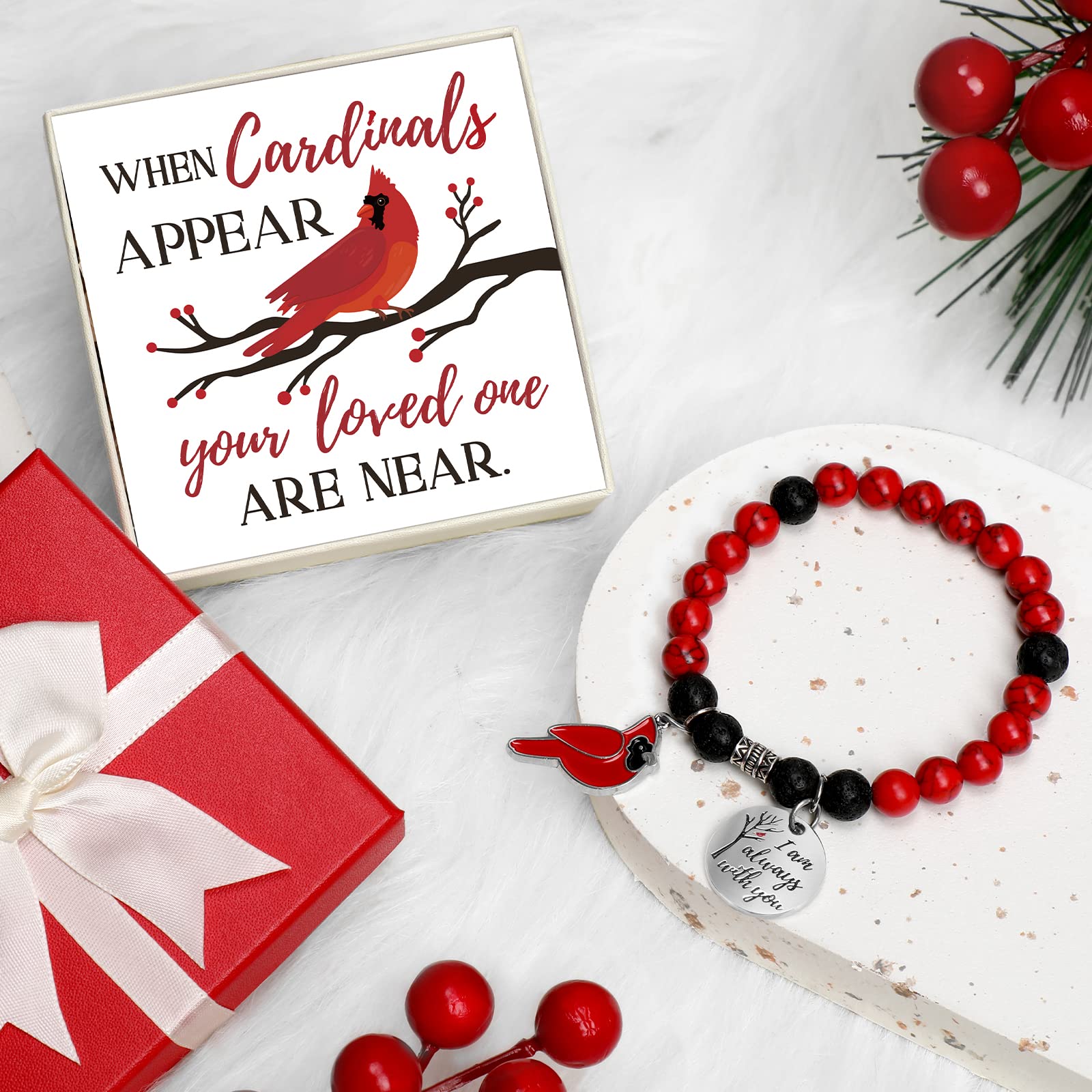 Cardinal Beaded Bracelet Memorial Gift Set with When Cardinals Appear Your Loved One Are Near Card Red Bird Charm Christmas Sympathy Jewelry Bereavement Meaningful Christmas Stocking Stuffer Present