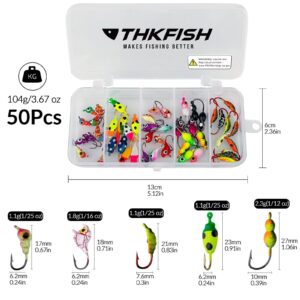 THKFISH 50Pcs/Box Ice Fishing Jigs Set Lures Walleye Jigs Heads for Ice Fishing Gear Kit Panfish Crappie Perch Jigs Ice Fishing Box B