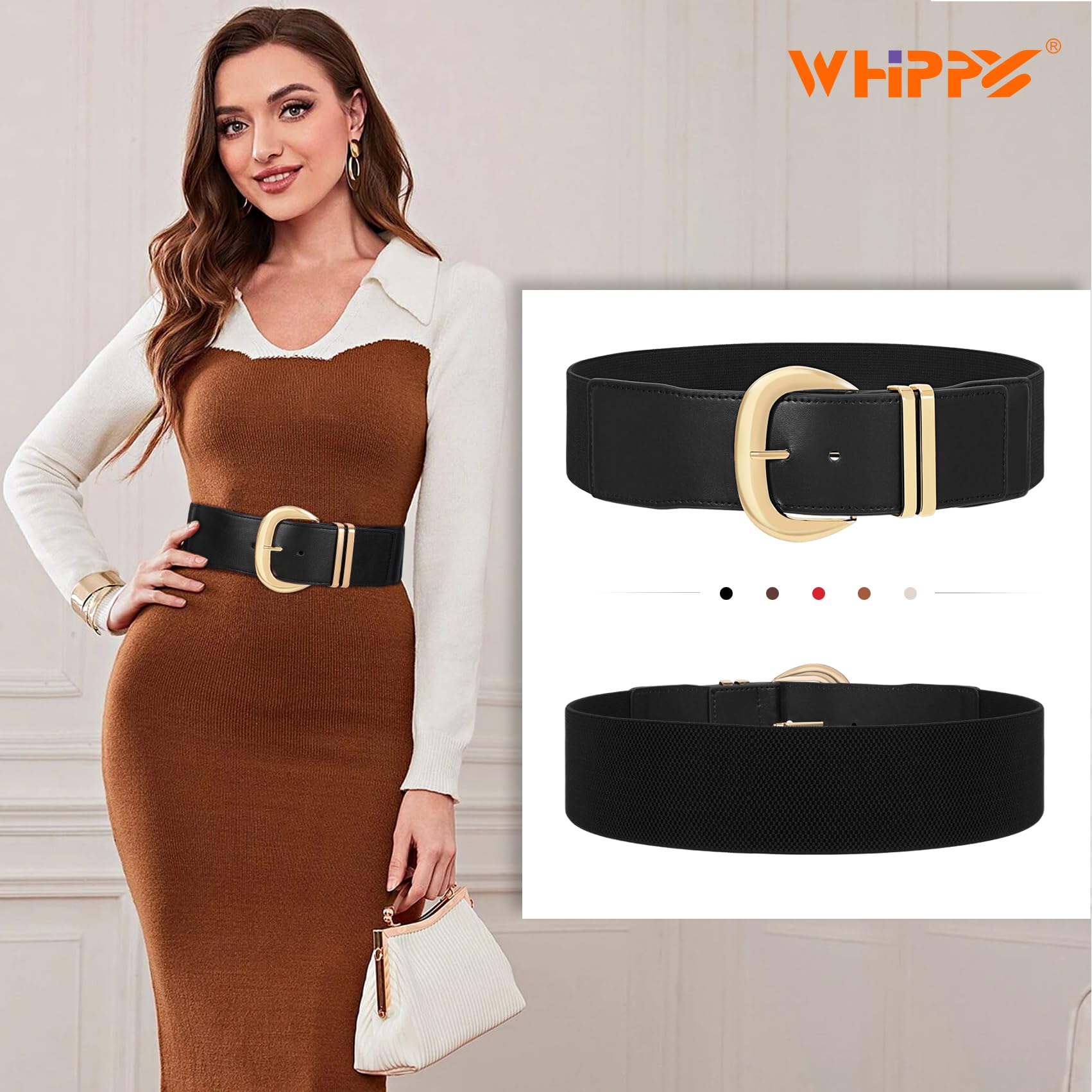 WHIPPY Women Wide Elastic Waist Belt for Dresses Fashion Gold Buckle Stretchy Leather Waistband for Ladies, Black, Fits Waist 28"-33"