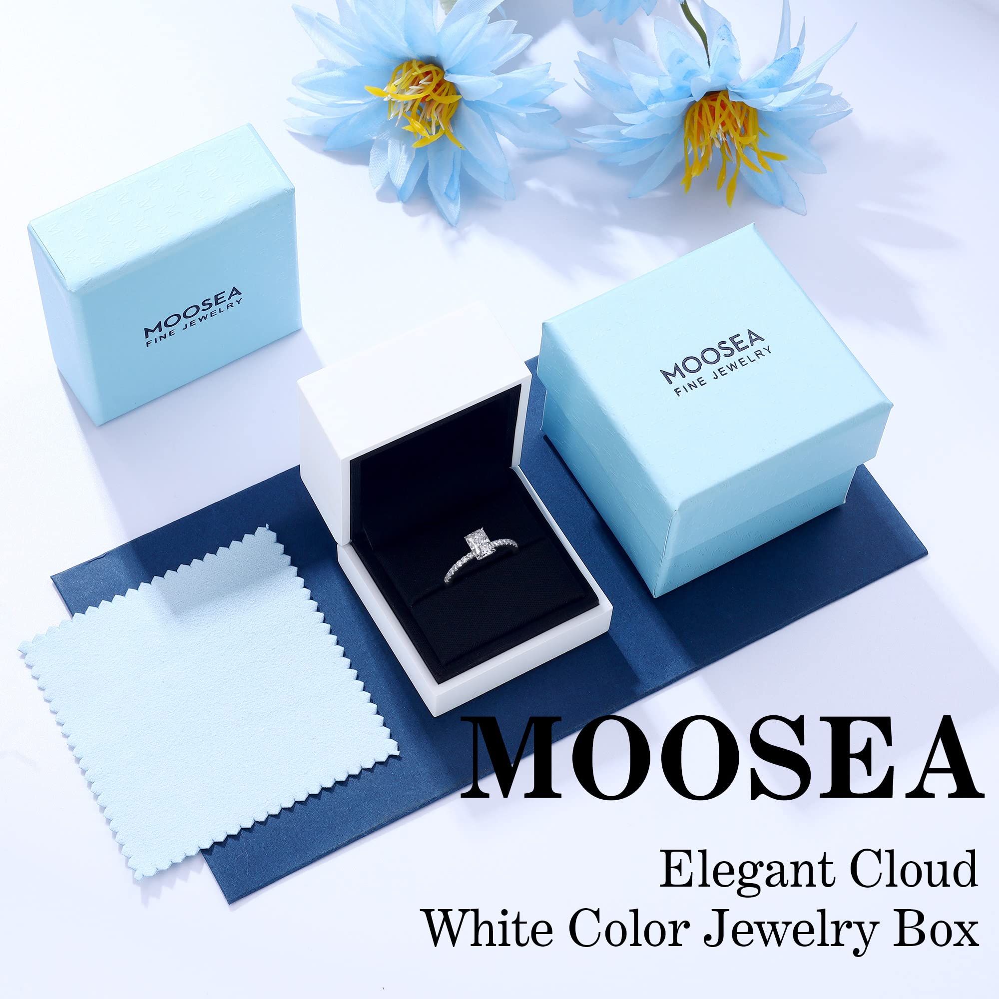 MOOSEA 1 ct Moissanite Ring for Women, D Color VVS1 Clarity Radiant Cut Lab Created Diamond Engagement Ring 14K White Gold Vermeil Moissanite Solitaire Wedding Rings for Women Wife Girlfriend Gifts