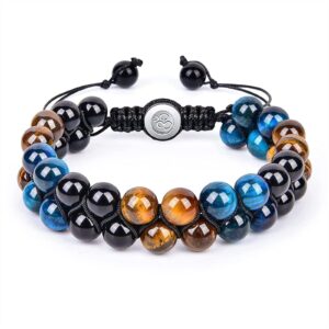 REAPP Triple Protection Bracelet-Natural Tiger Eye Yellow Blue Obsidian Beads Bracelet for Men, 8mm Crystal and Healing Stone Bracelet for Women