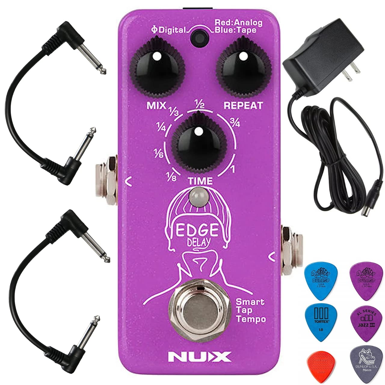 NuX Edge Delay Bundle with 2 Patch Cables, 6 Dunlop Picks, and 9v Power Supply