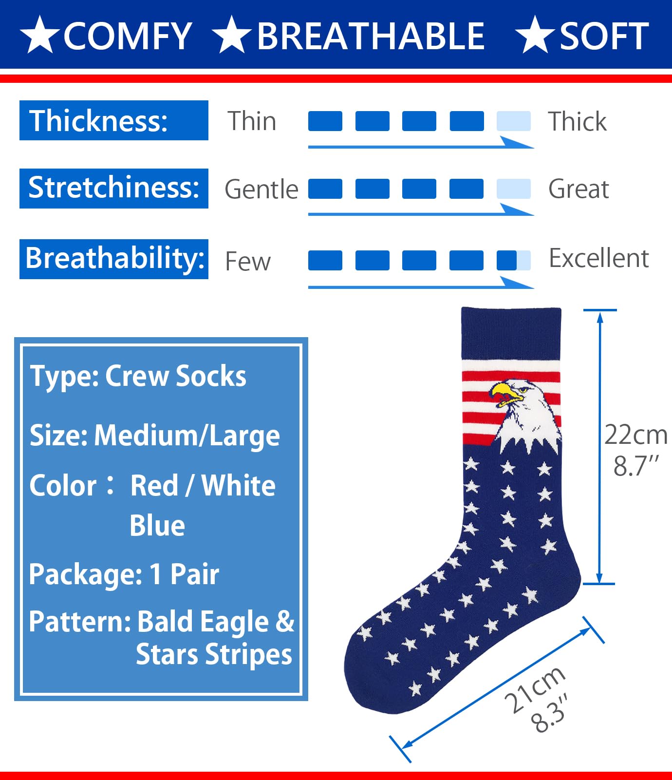 BUENWAZ American Flag Eagle Socks Medium Size for Men, Stars Stripes Patriotic Socks for Fourth of July Independence Day