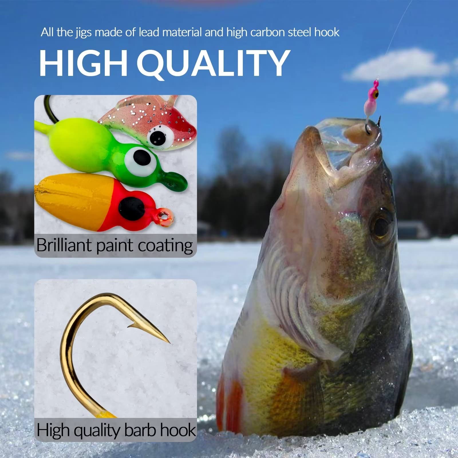 THKFISH 50Pcs/Box Ice Fishing Jigs Set Lures Walleye Jigs Heads for Ice Fishing Gear Kit Panfish Crappie Perch Jigs Ice Fishing Box B