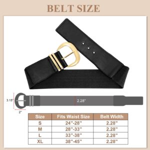 WHIPPY Women Wide Elastic Waist Belt for Dresses Fashion Gold Buckle Stretchy Leather Waistband for Ladies, Black, Fits Waist 28"-33"