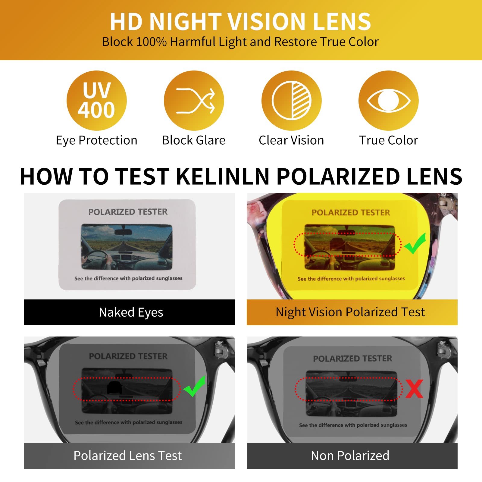 Kelinln Night Vision Driving Glasses Polarized Anti-glare, HD Yellow Tinted Glasses for Women Men