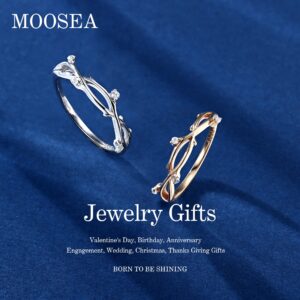 MOOSEA Twig Moissanite Stackable Band for Women, D Color VVS1 Clarity Lab Created Diamond Wedding Band 14K Yellow Gold Vermeil Art Deco Branch Moissanite Band for Women Jewelry Gifts