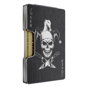 Freja Svendsen Minimalist Skull Wallet for Men - RFID Blocking, Slim Wallets with 2 Interchangeable Money Clips - Thin Aluminum Credit Card Holder - Laser Engraved Finished (Skull Joker)